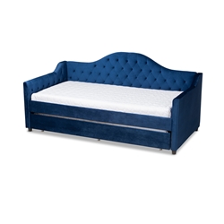 Baxton Studio Perry Modern and Contemporary Navy Blue Velvet Fabric Upholstered and Button Tufted Twin Size Daybed with Trundle